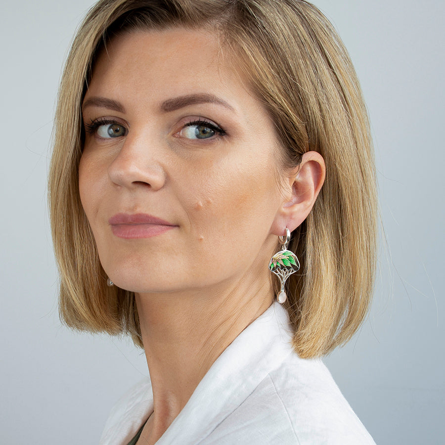 Gold Tree Cloisonné Enamel Earrings With Rose Quartz Stone