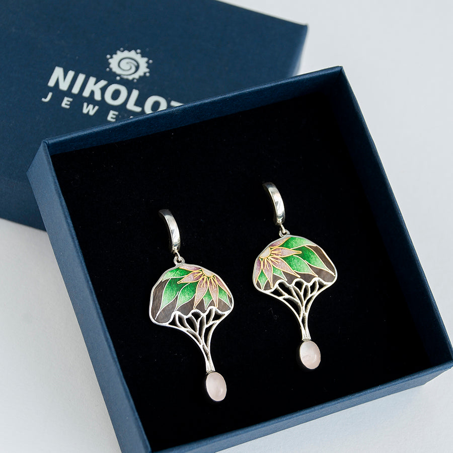 Gold Tree Cloisonné Enamel Earrings With Rose Quartz Stone