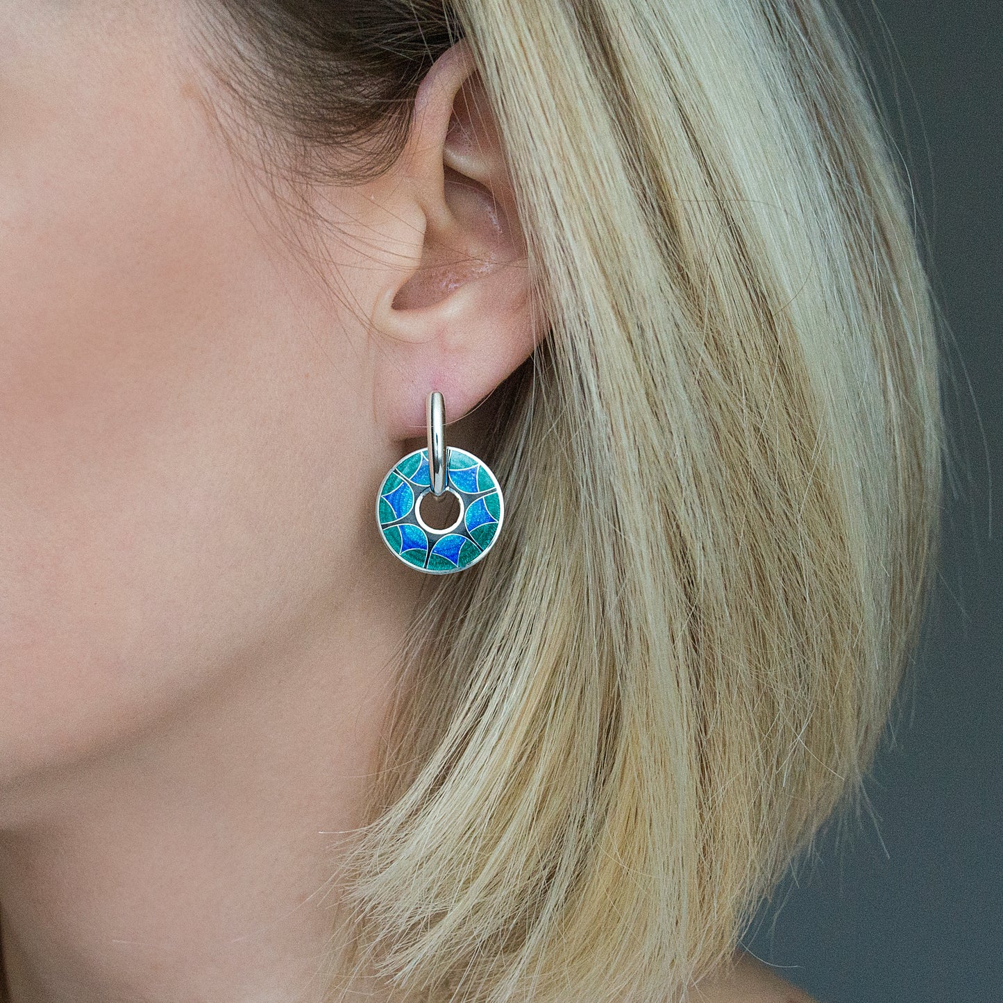 Cloisonné Enamel, Double Sided, Round Geometric Earrings