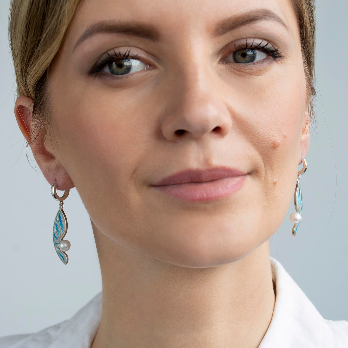 Striped Cloisonné Enamel Earrings With White Pearls