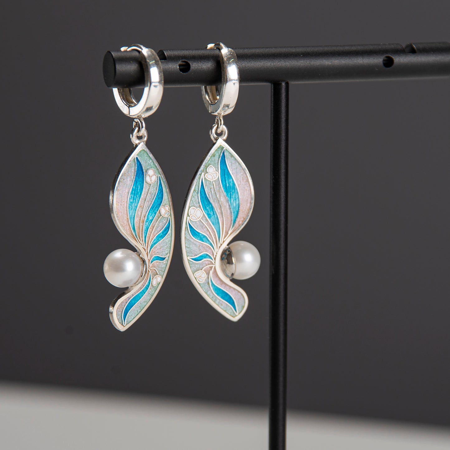 Striped Cloisonné Enamel Earrings With White Pearls
