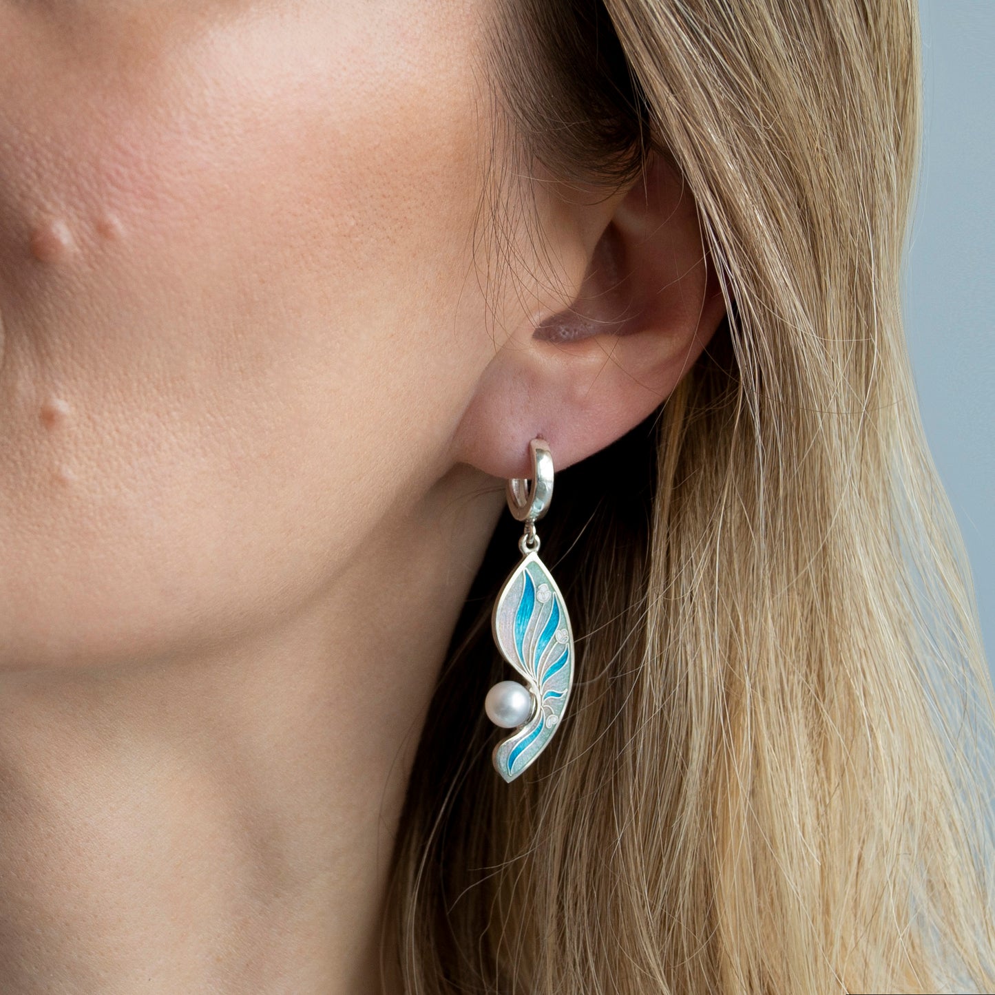 Striped Cloisonné Enamel Earrings With White Pearls