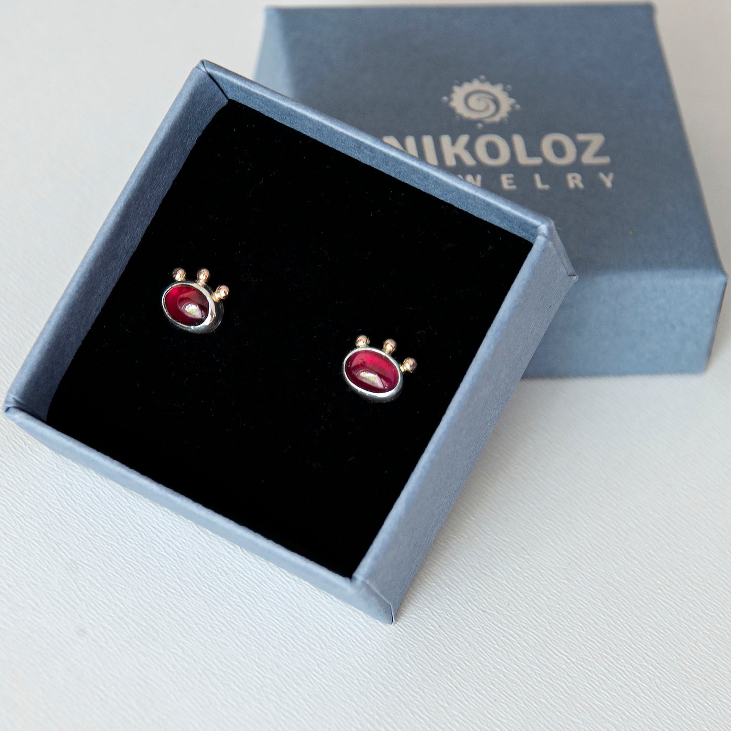 Garnet Studs With 3 Gold Beads