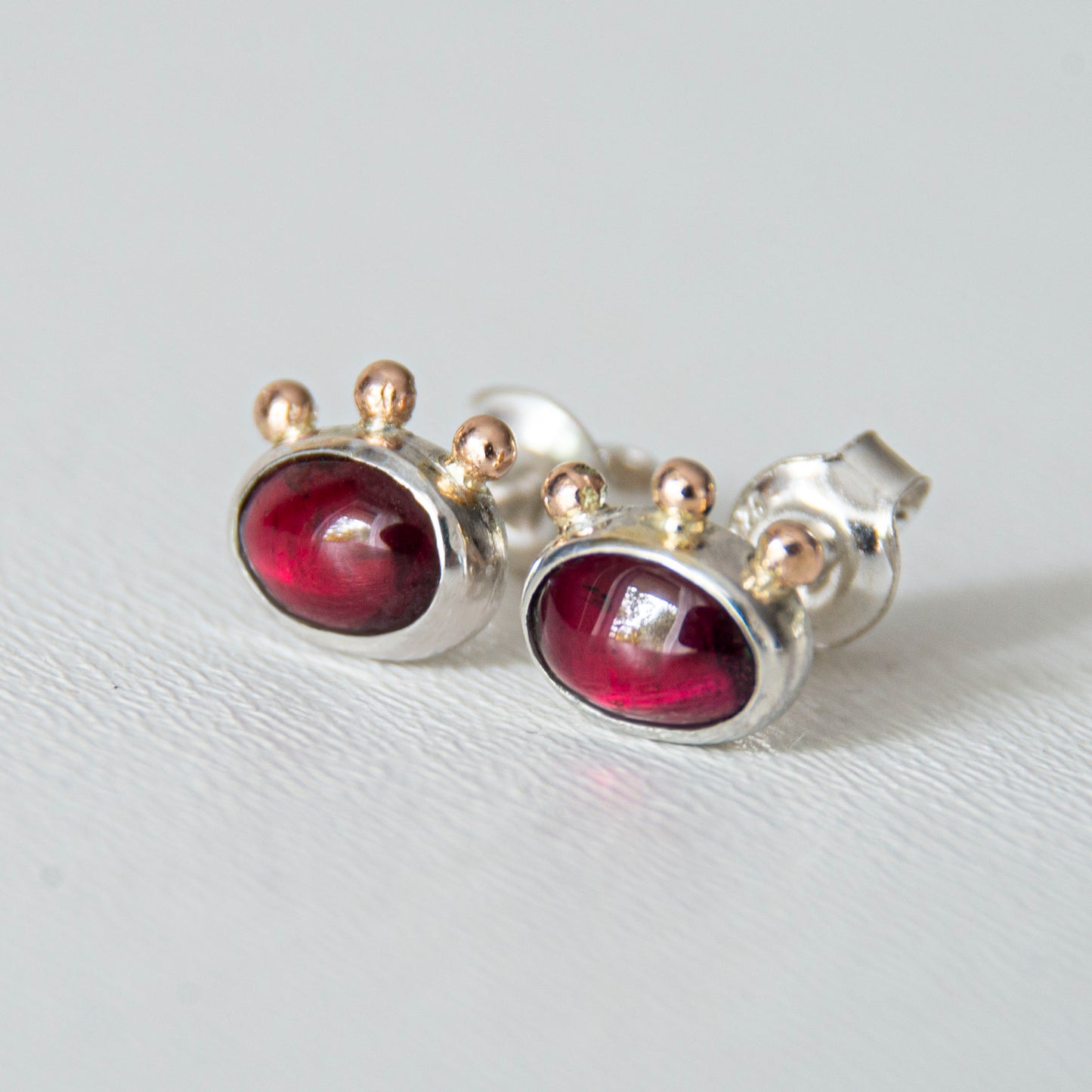 Garnet Studs With 3 Gold Beads