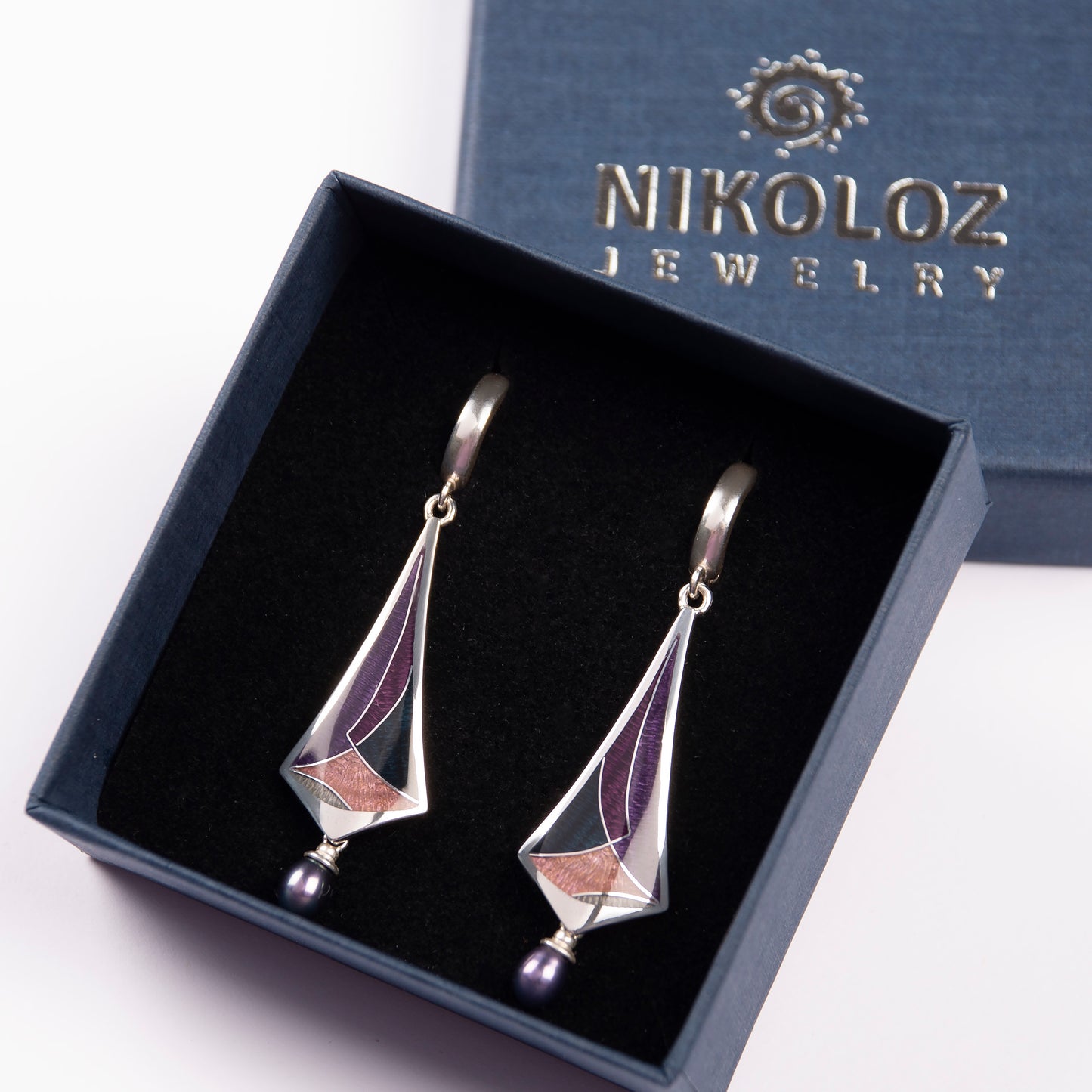 Cloisonné Enamel, Deep Violet Earrings With Peacock Pearls