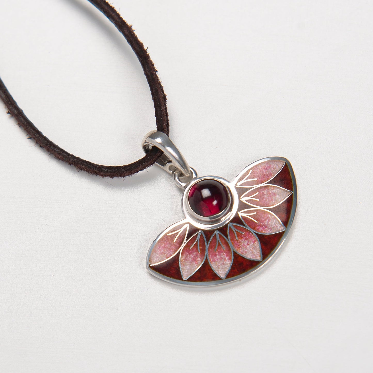 Red Leaves Semicircle Cloisonné Enamel Pendant With Garnet Stone