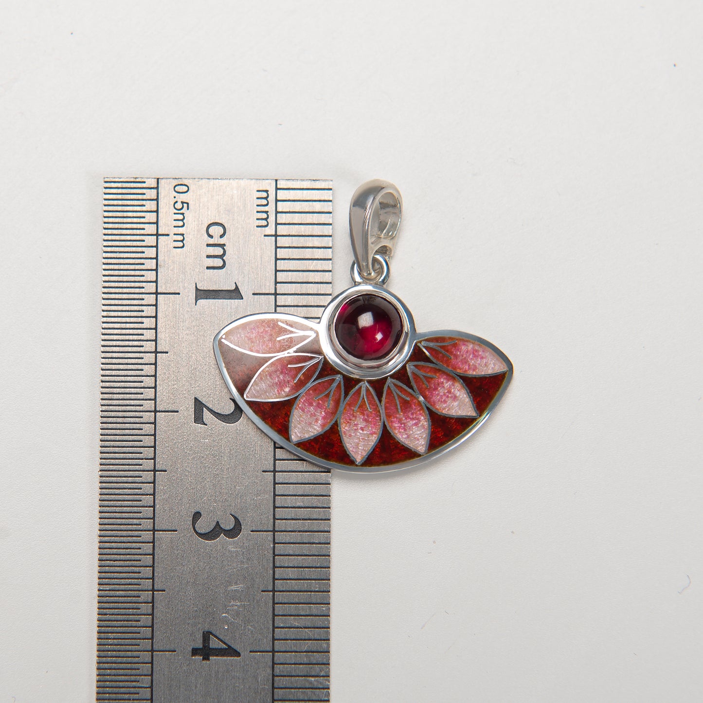 Red Leaves Semicircle Cloisonné Enamel Pendant With Garnet Stone