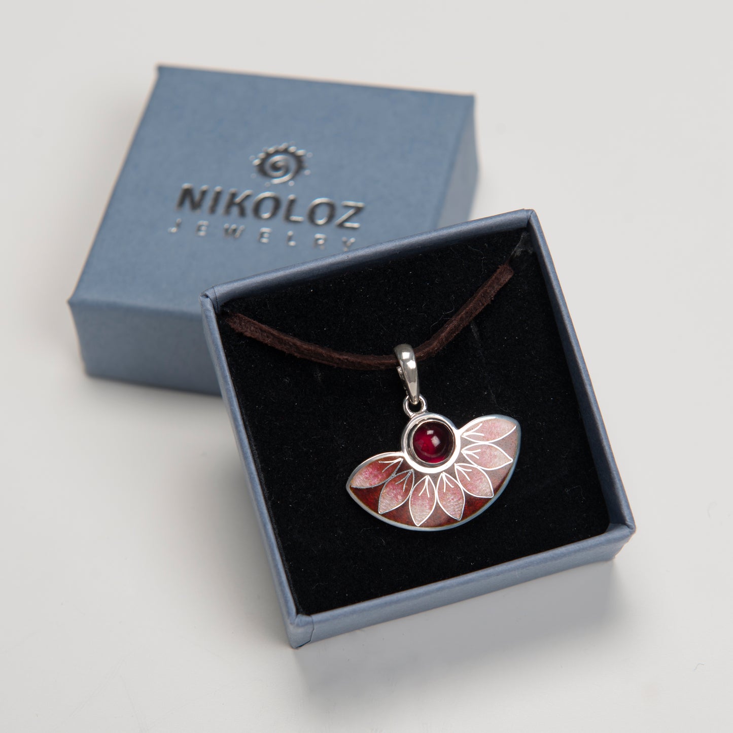 Red Leaves Semicircle Cloisonné Enamel Pendant With Garnet Stone