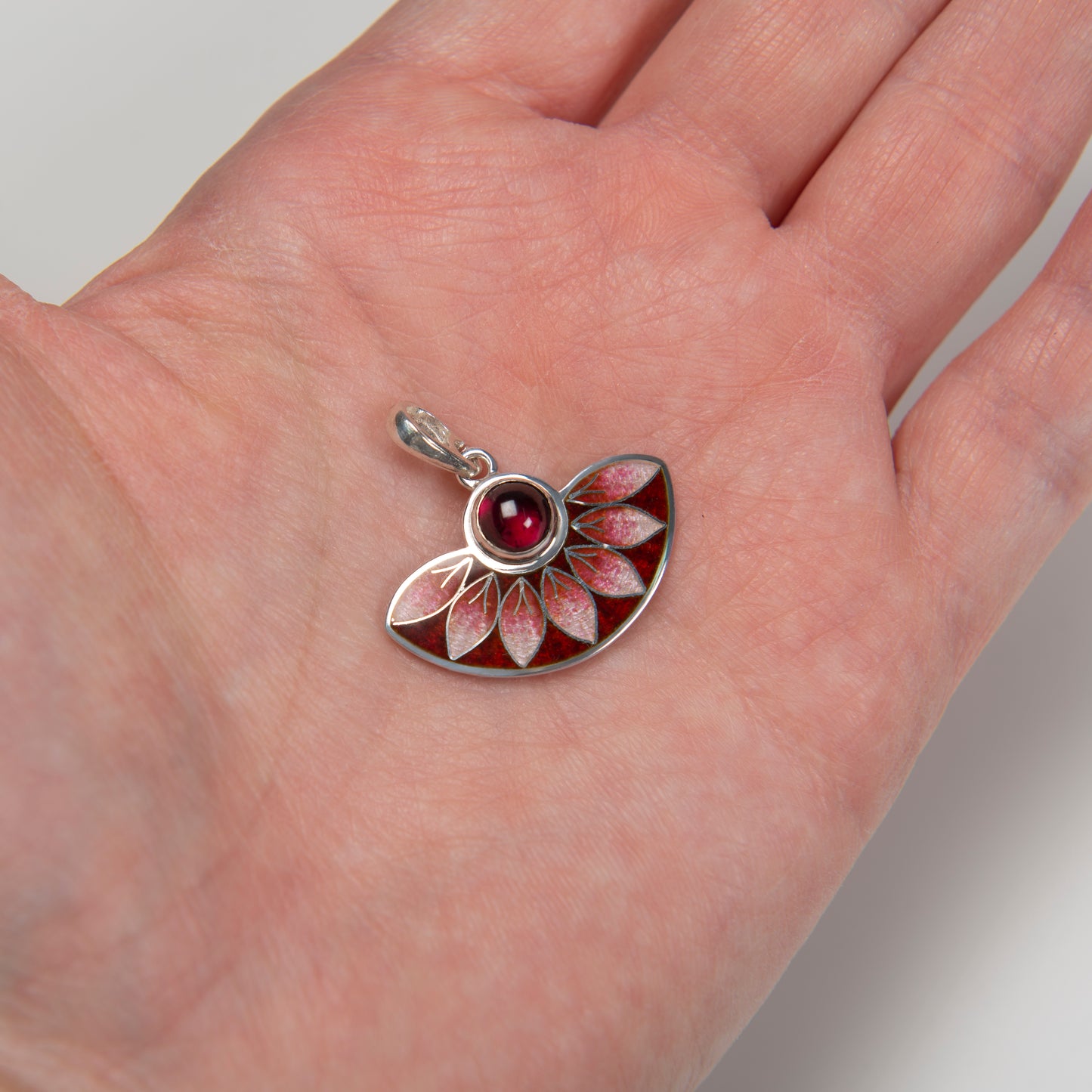 Red Leaves Semicircle Cloisonné Enamel Pendant With Garnet Stone