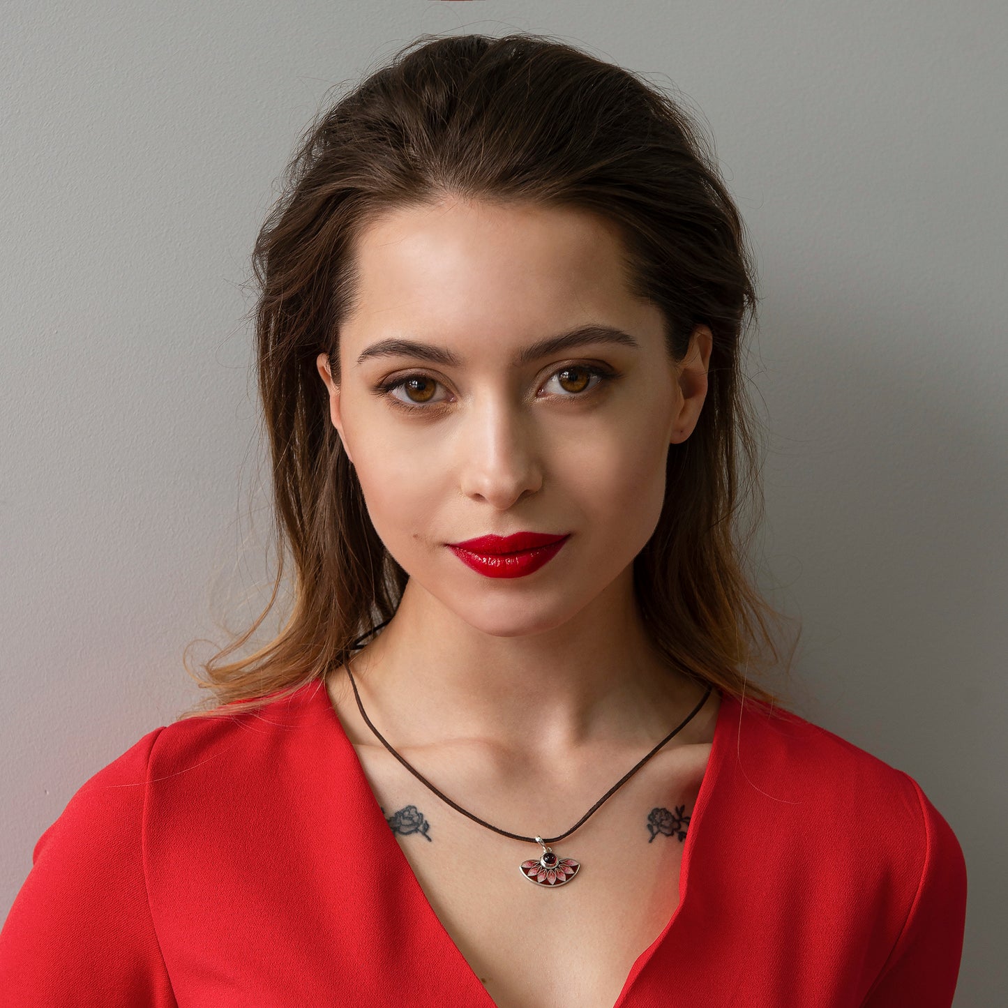 Red Leaves Semicircle Cloisonné Enamel Pendant With Garnet Stone