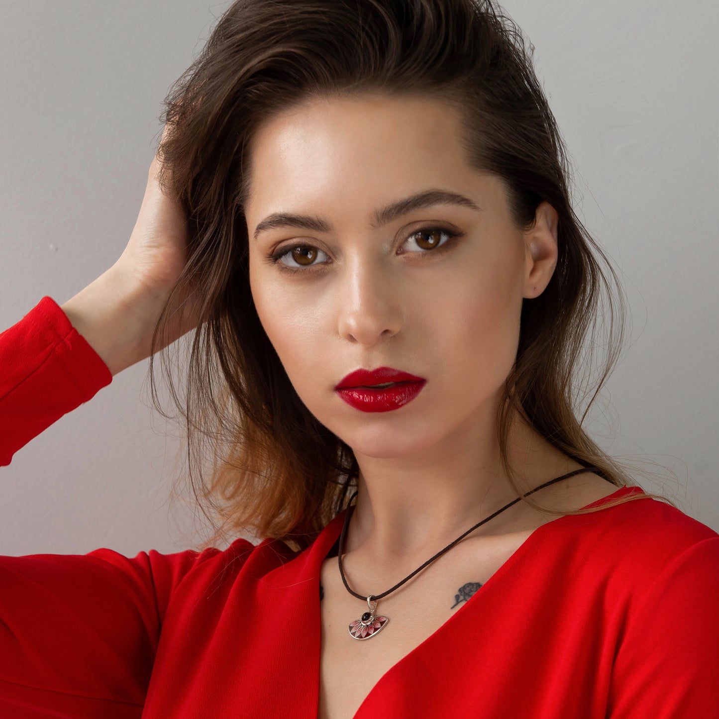 Red Leaves Semicircle Cloisonné Enamel Pendant With Garnet Stone