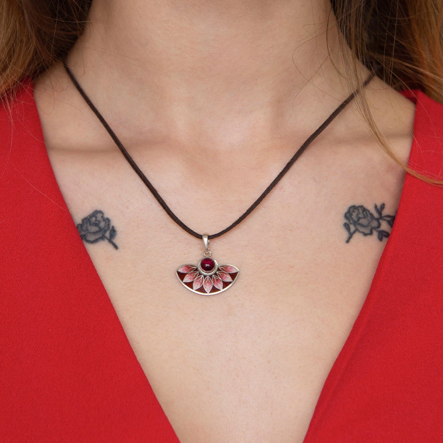 Red Leaves Semicircle Cloisonné Enamel Pendant With Garnet Stone