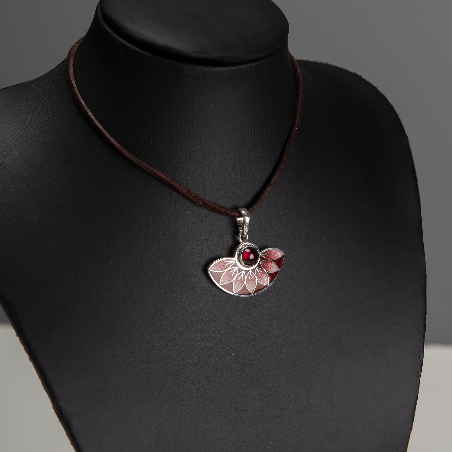 Red Leaves Semicircle Cloisonné Enamel Pendant With Garnet Stone