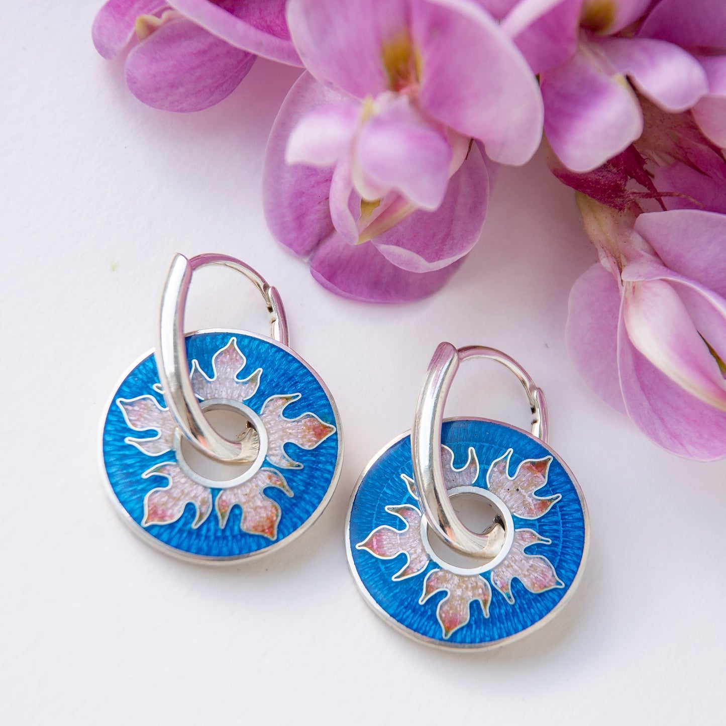 Cloisonné Enamel Blue/Rose Spinning Earrings