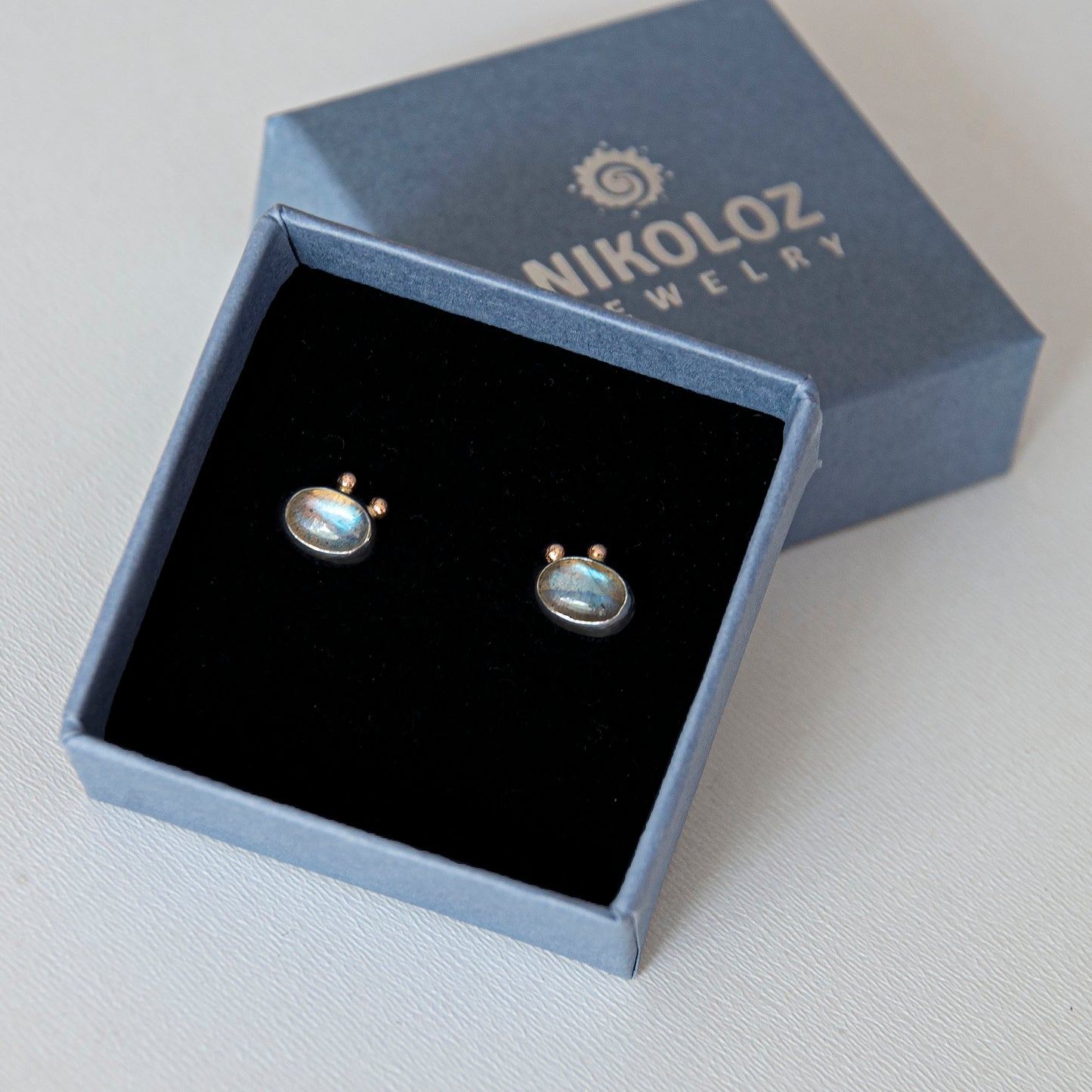 Labradorite Studs With 2 Gold Beads