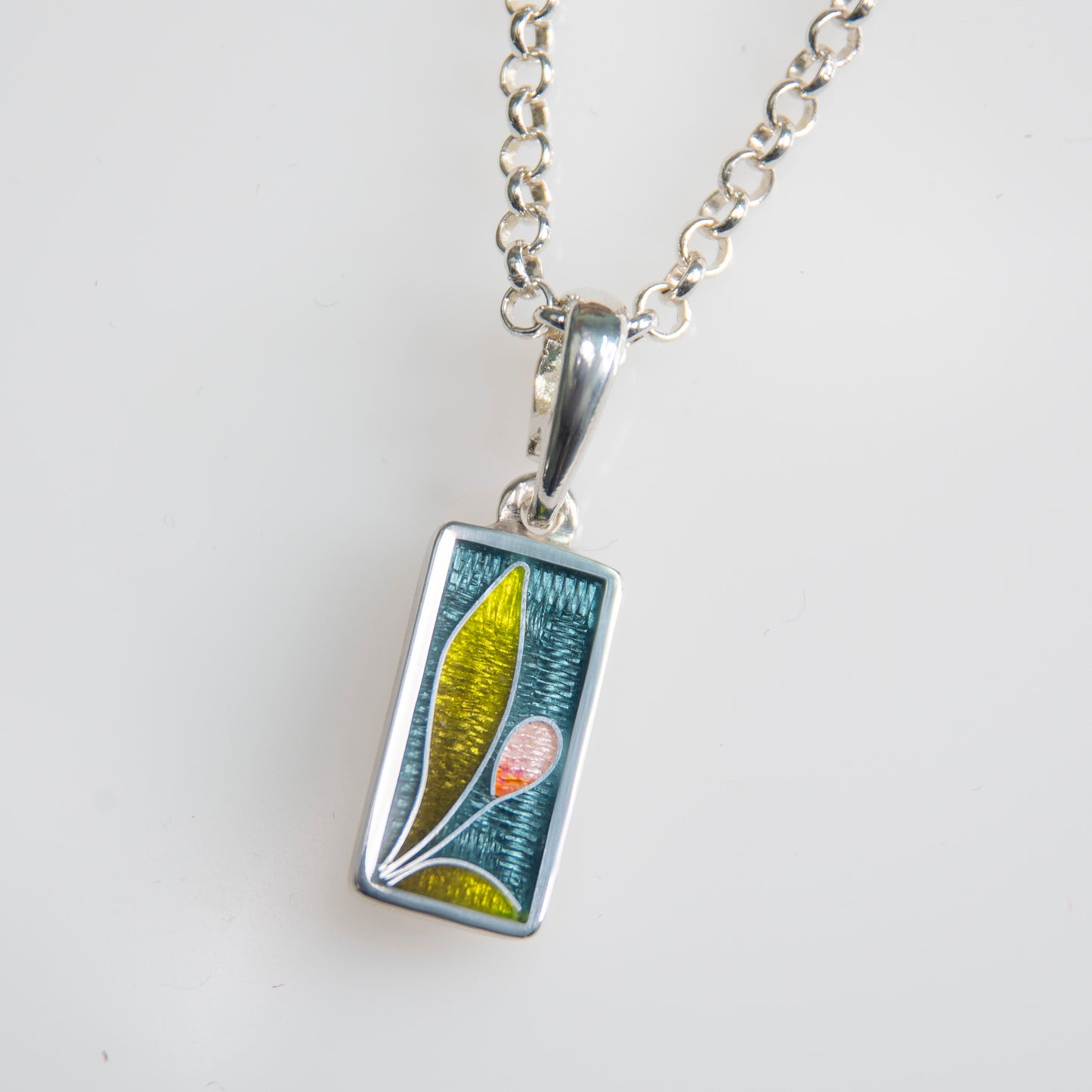 Tulip Rectangle Pendant, Cloisonne enamel Necklace With Rose Pearl
