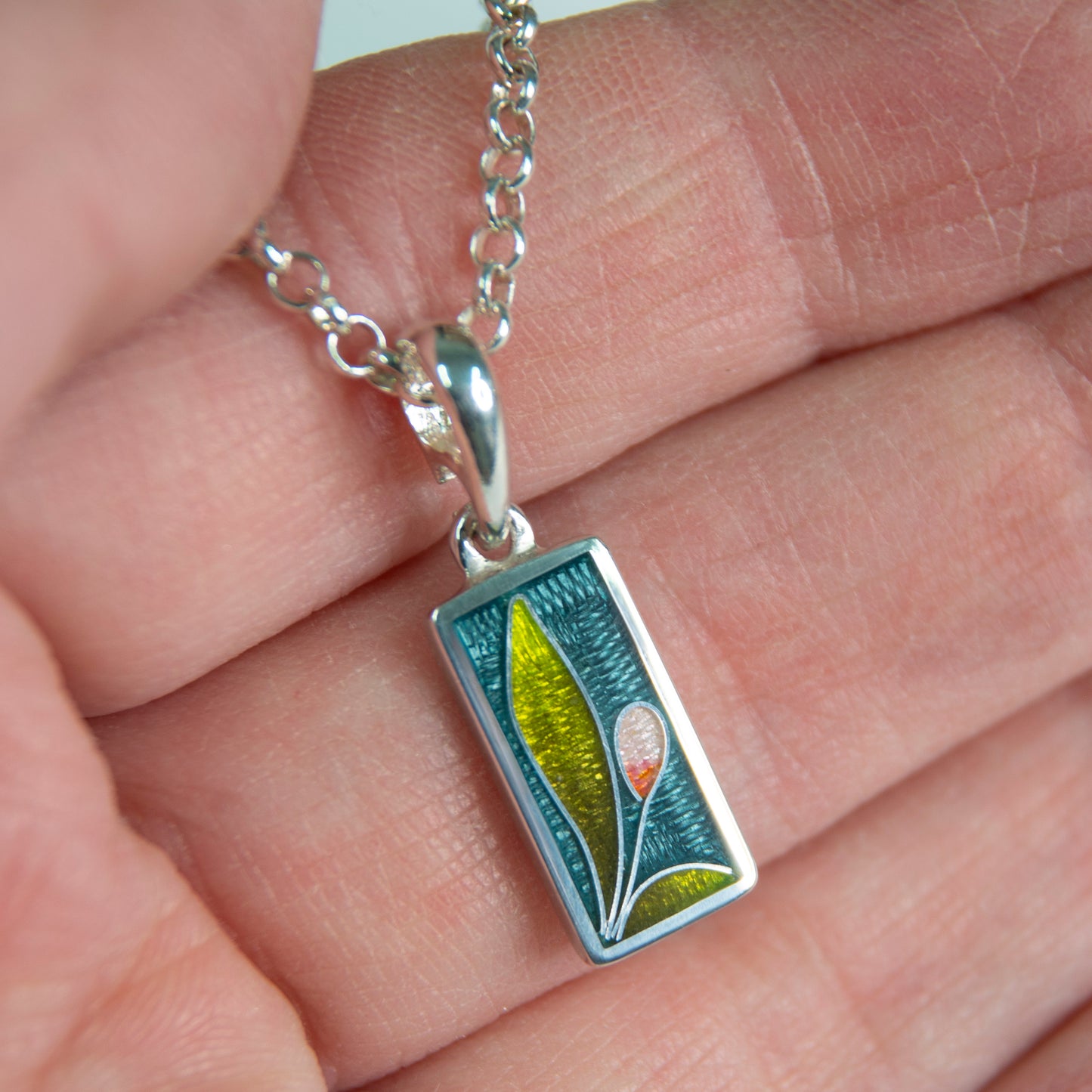 "Tulip" Rectangle Pendant, Cloisonne enamel Necklace With Rose Pearl