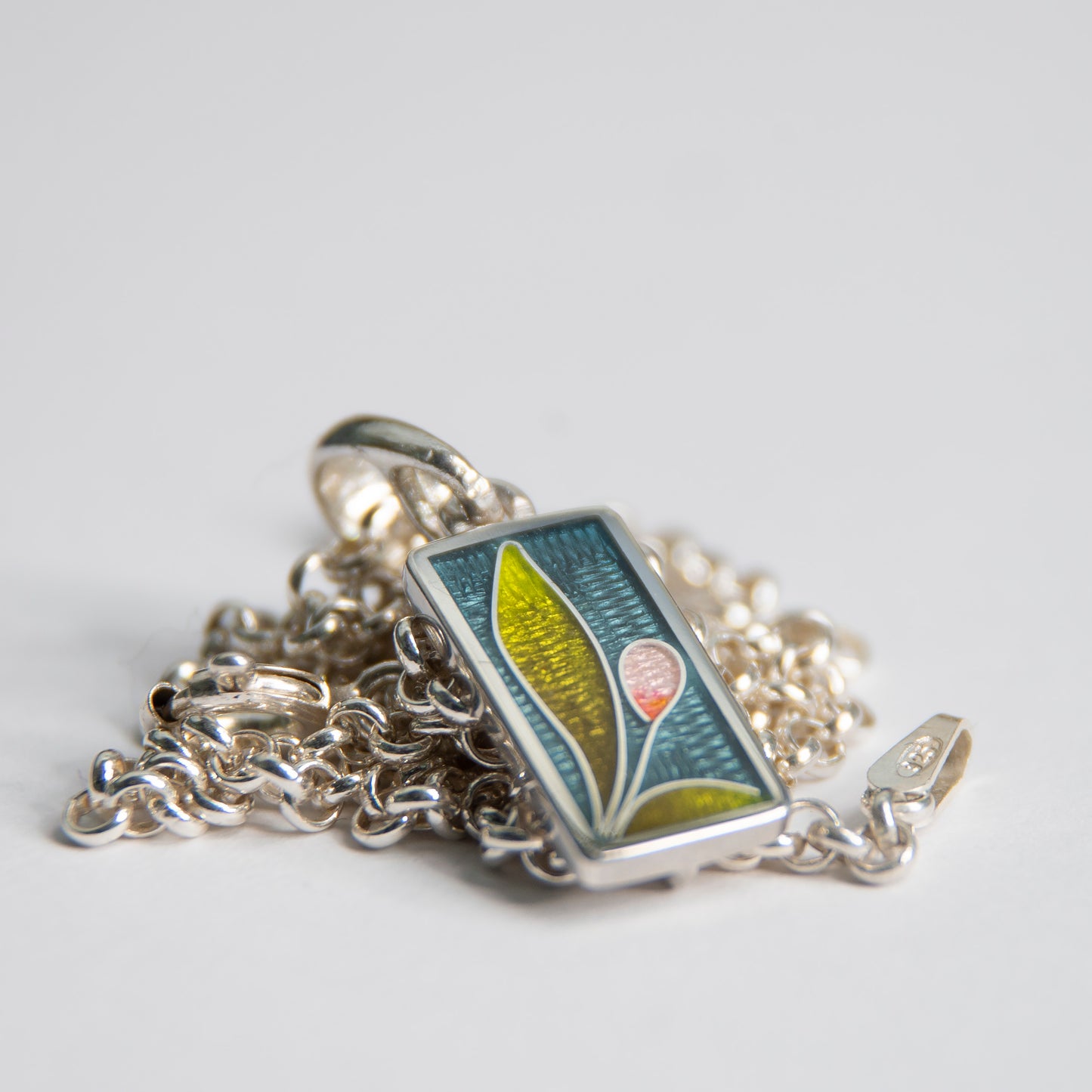 "Tulip" Rectangle Pendant, Cloisonne enamel Necklace With Rose Pearl