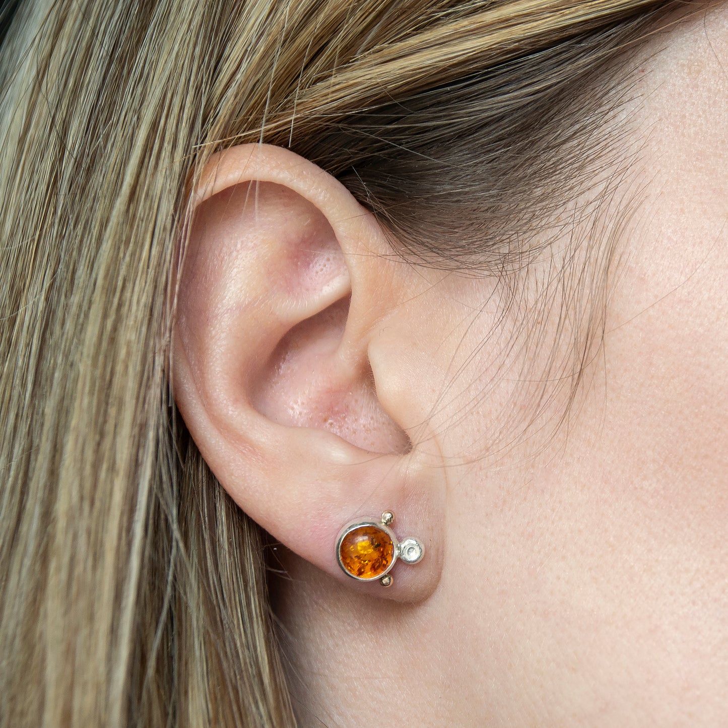 Baltic Amber Stone Studs With Silver And Gold Beads