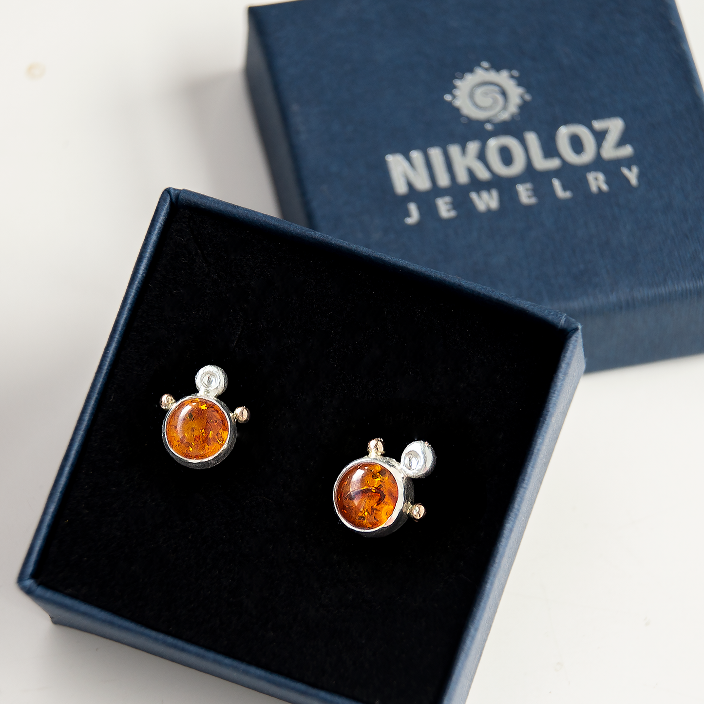 Baltic Amber Stone Studs With Silver And Gold Beads