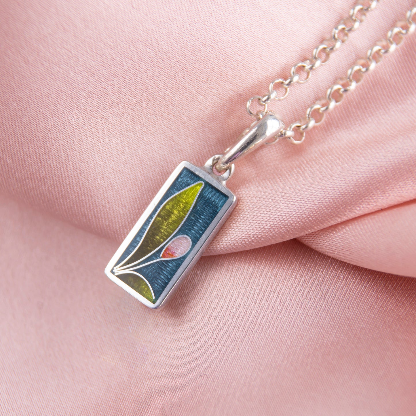 "Tulip" Rectangle Pendant, Cloisonne enamel Necklace With Rose Pearl