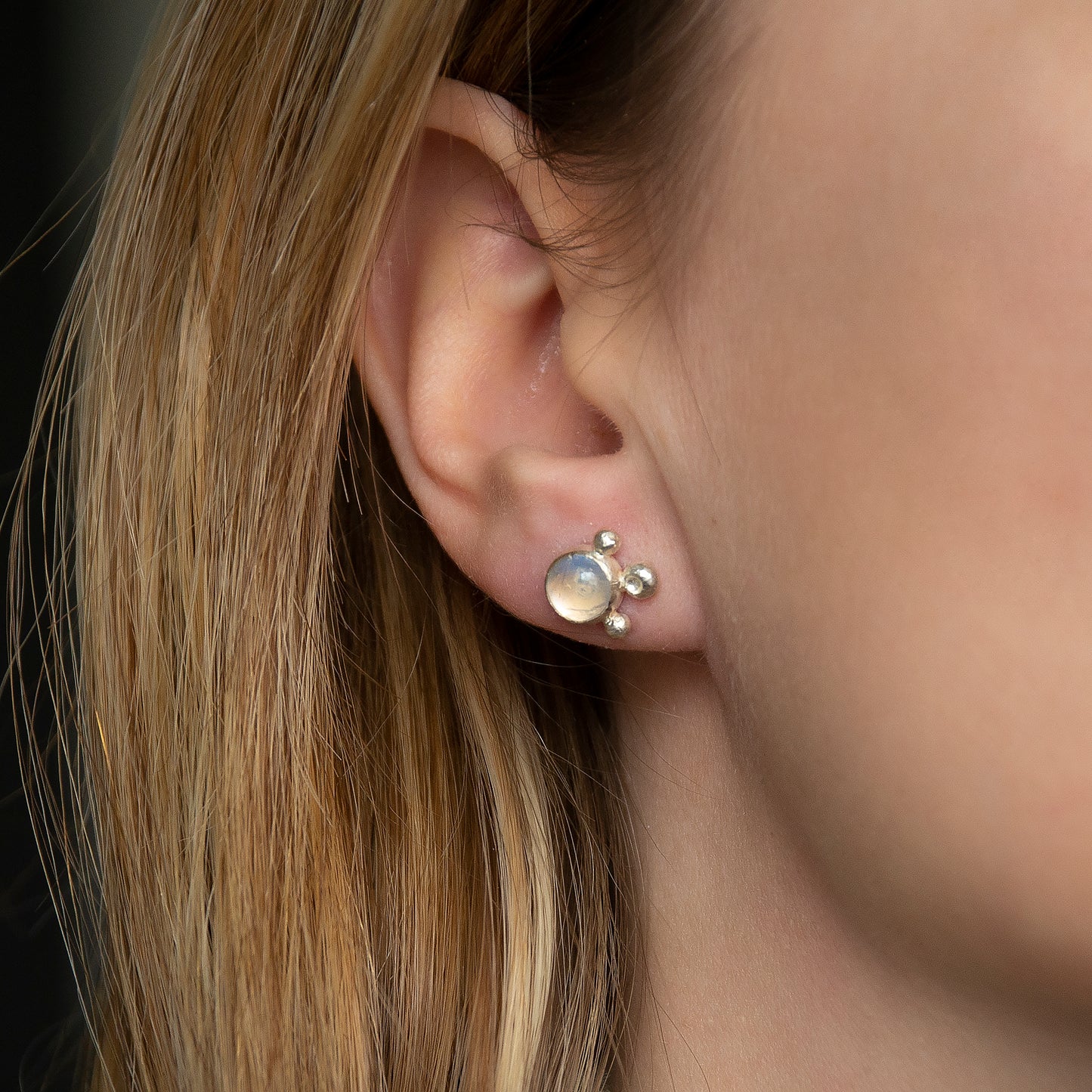 Moonstone minimalistic Studs With Silver Beads