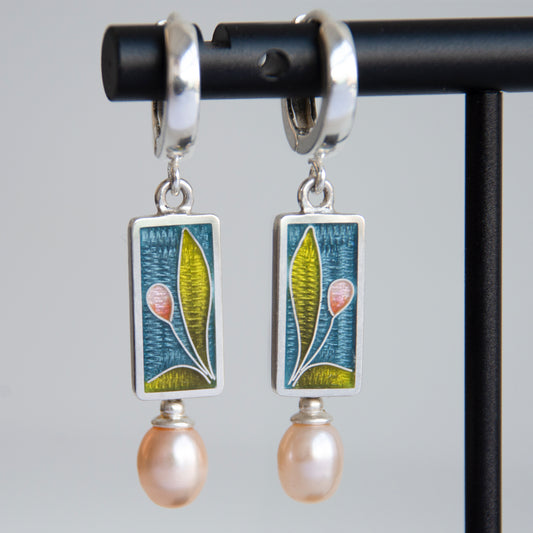 Romantic Cloisonné Enamel, Silver and Rose Pearl Earrings "Tulips"