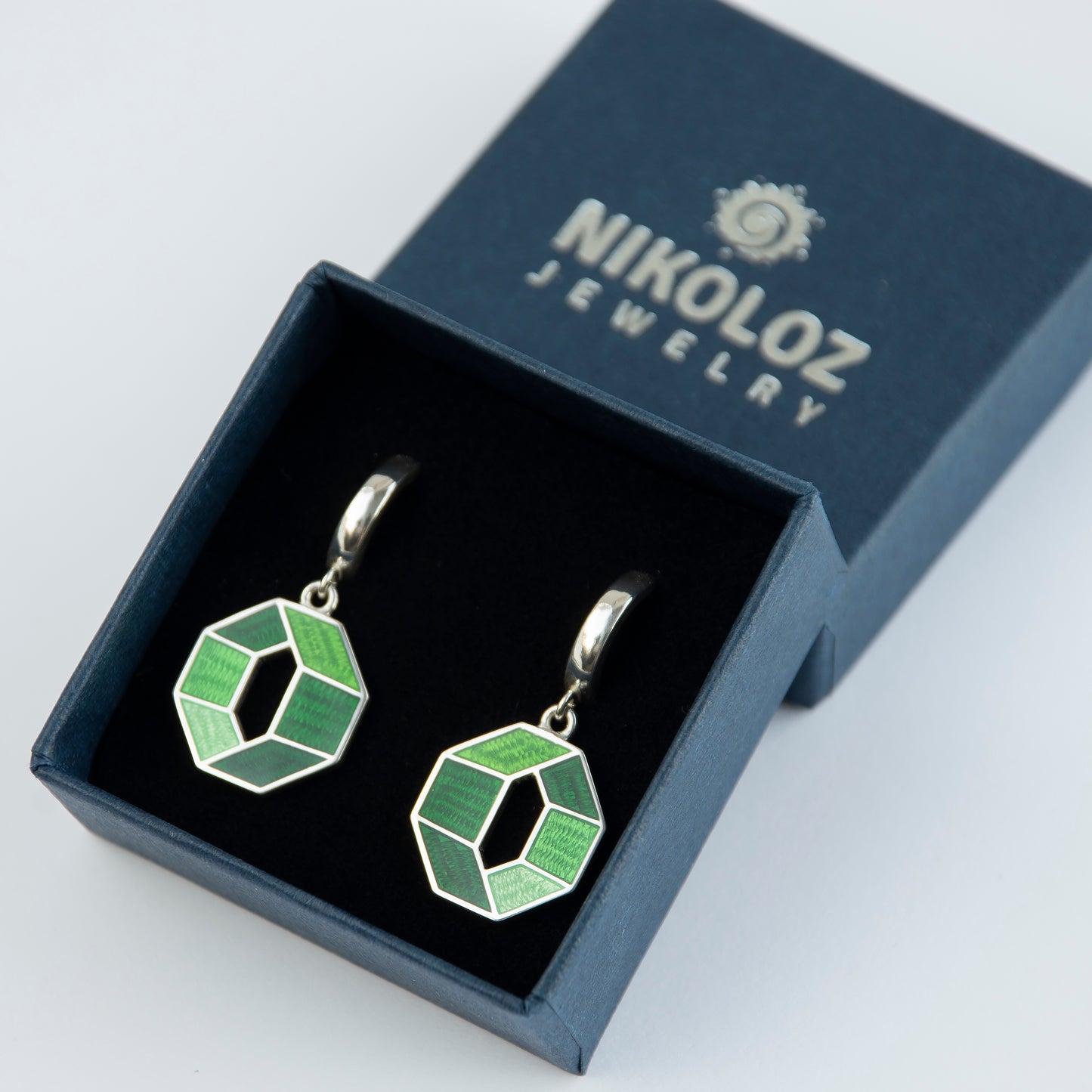 Green Octagon, Cloisonné Enamel Earrings