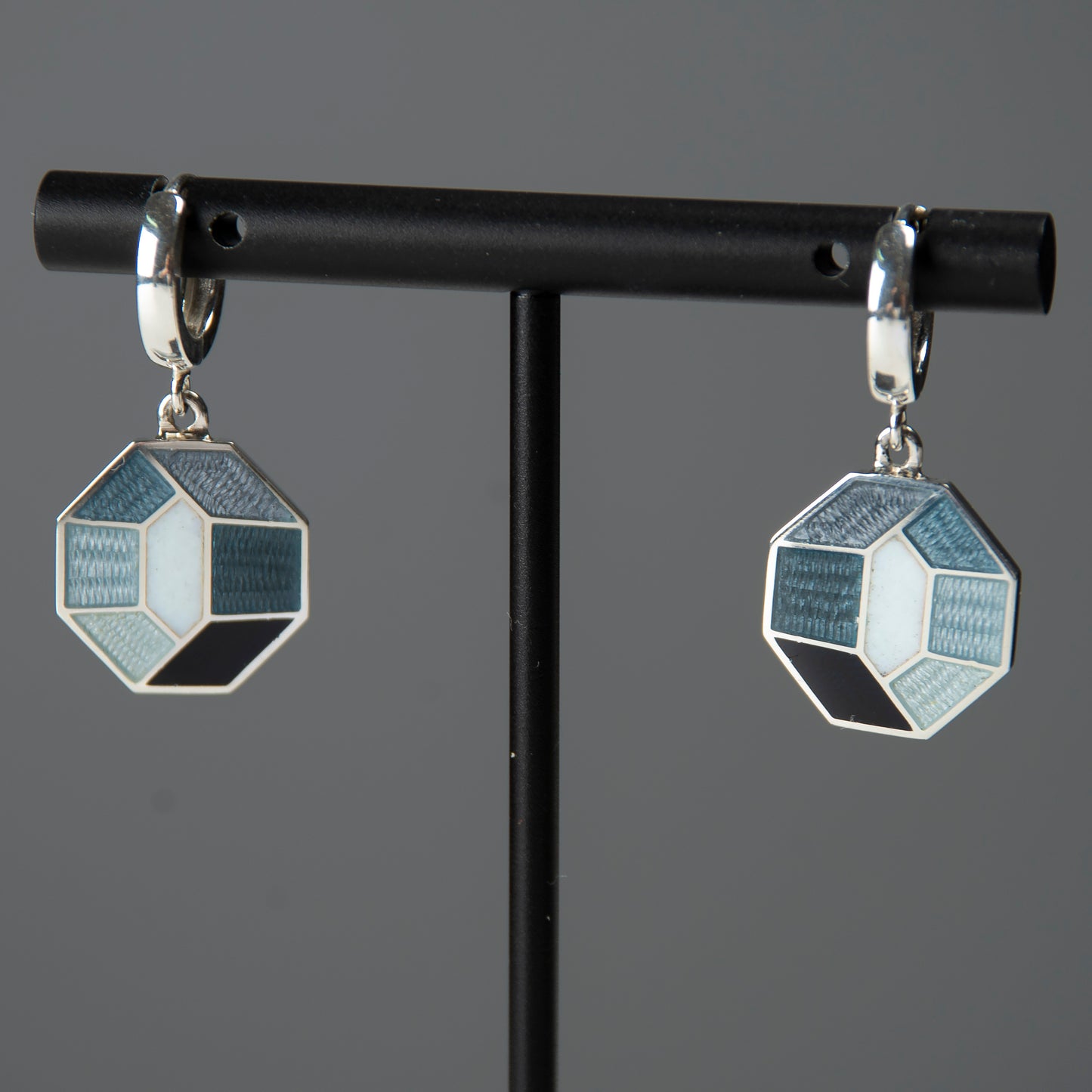 Grey Octagon Cloisonné Enamel and Sterling Silver Earrings