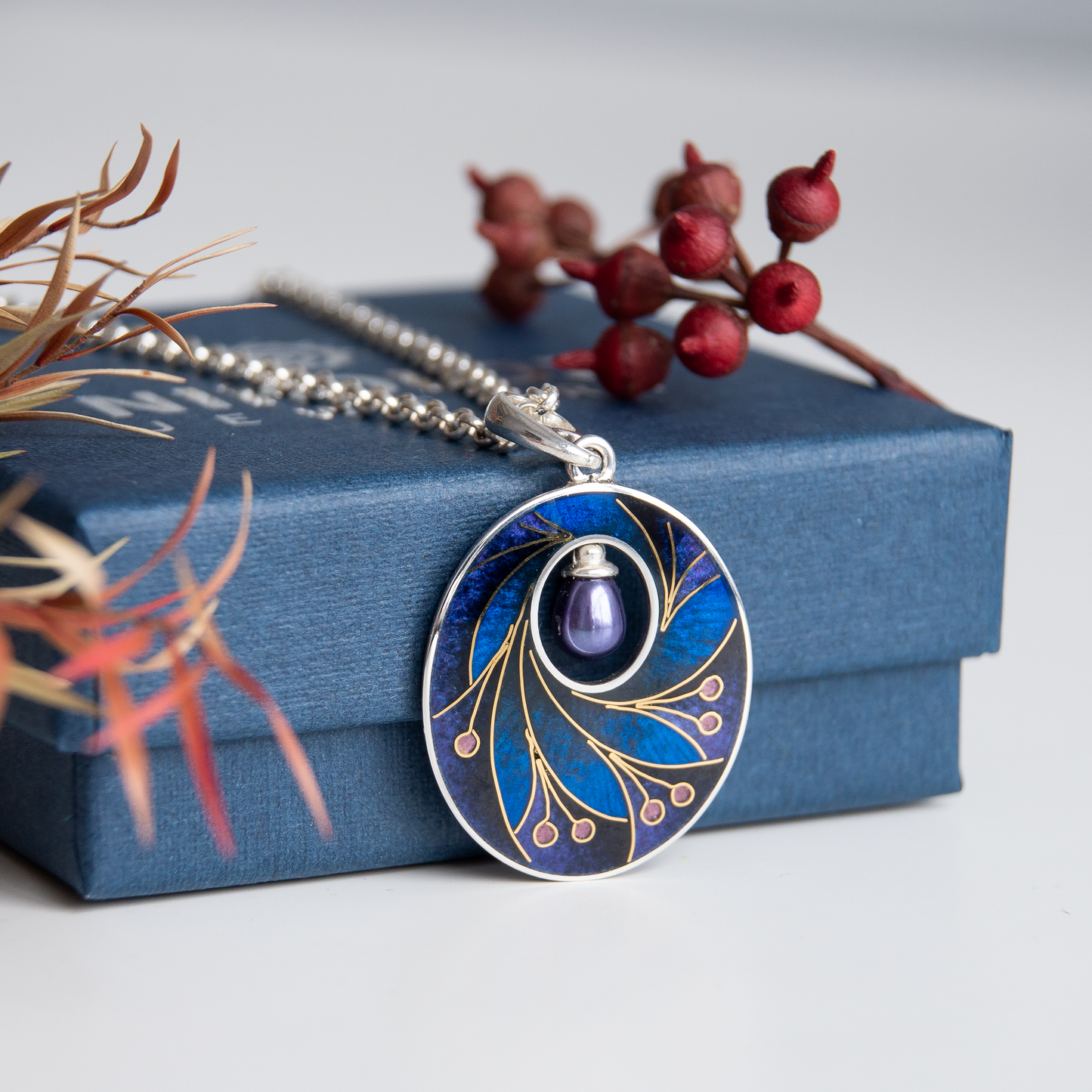 Dark Cloisonné Enamel Necklace-Pendant  With Gold Pattern