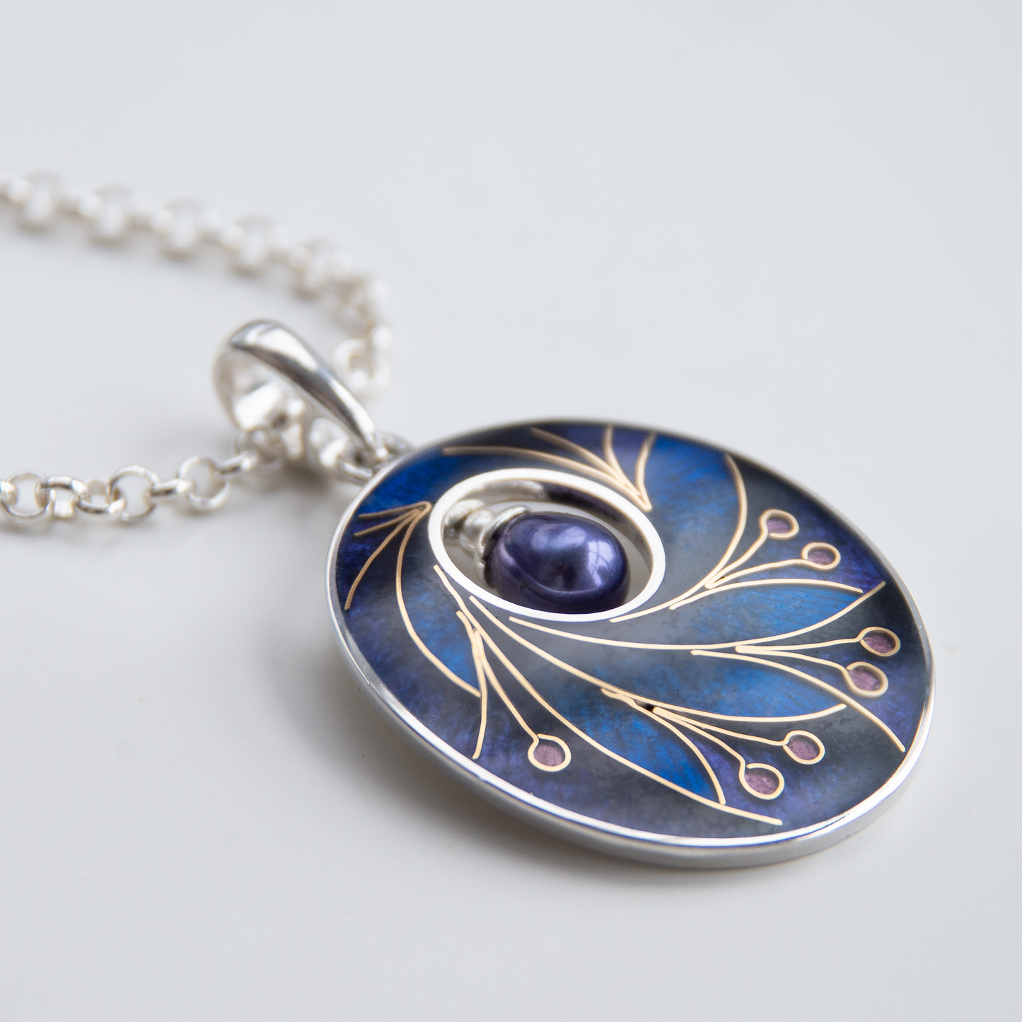 Dark Cloisonné Enamel Necklace-Pendant With Gold Pattern