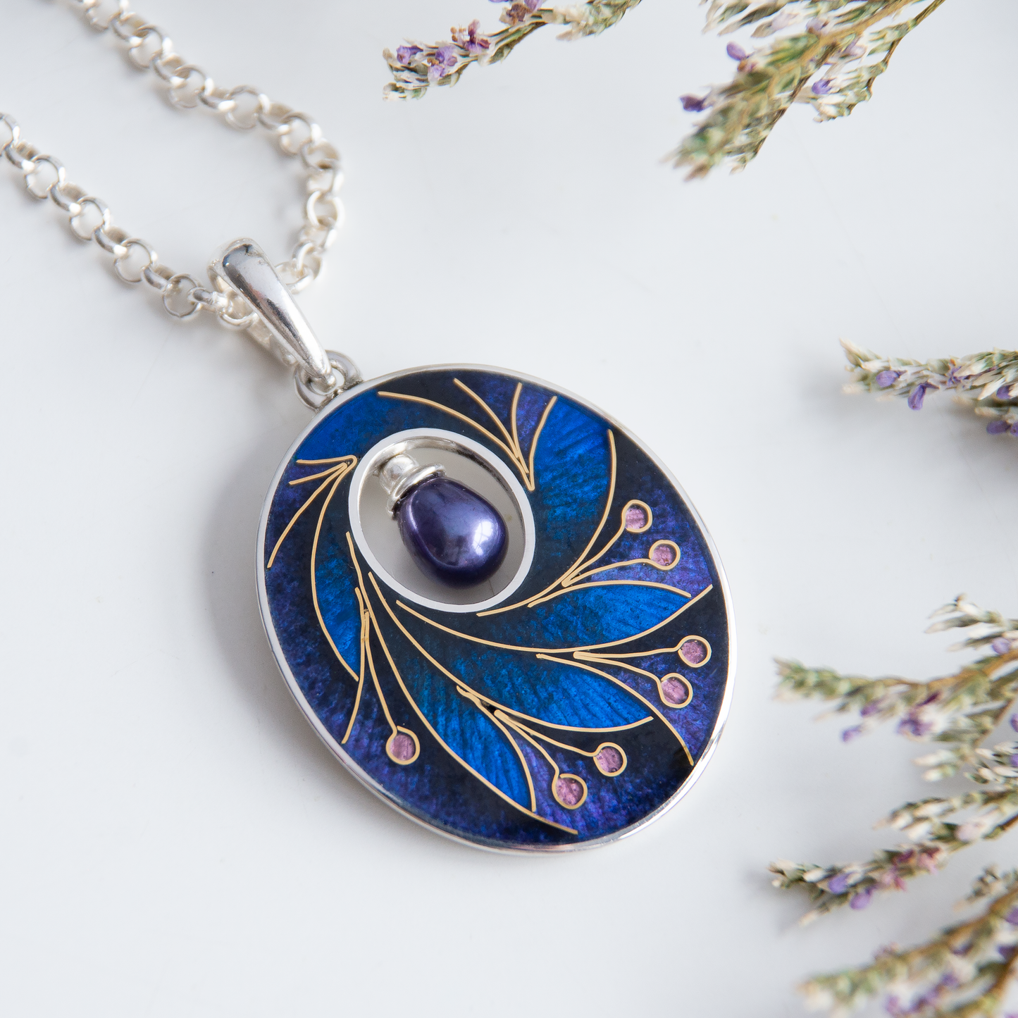 Dark Cloisonné Enamel Necklace-Pendant With Gold Pattern