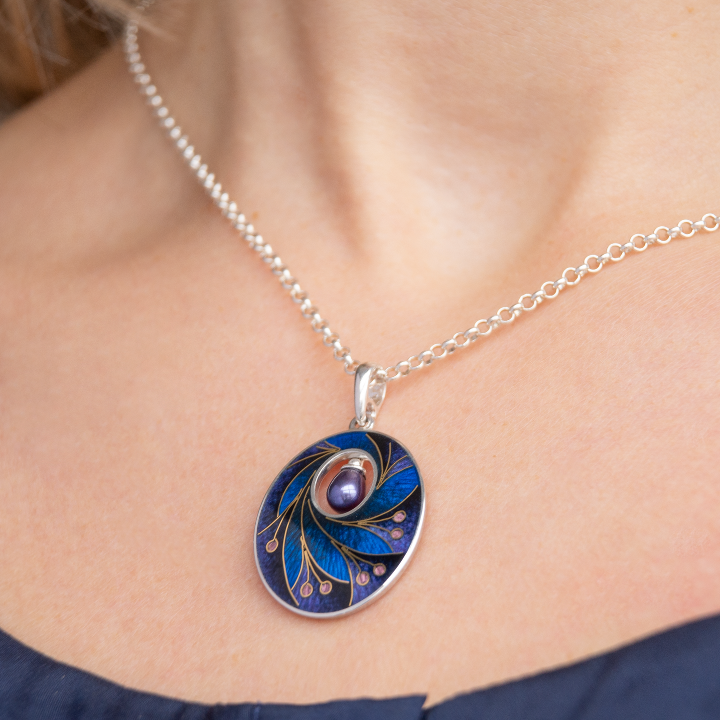 Dark Cloisonné Enamel Necklace-Pendant With Gold Pattern