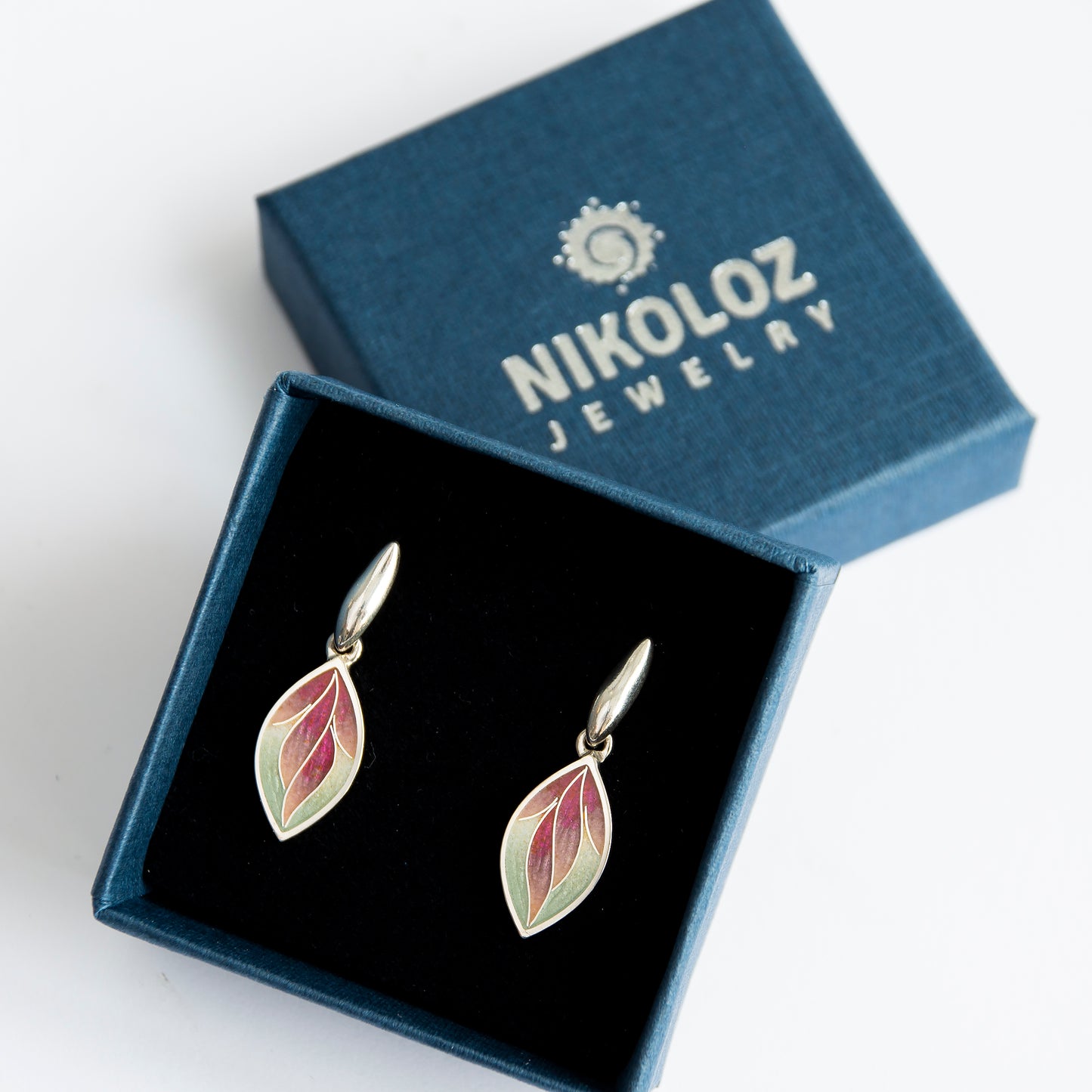 Pink Leaves Cloisonné Enamel and Sterling Silver Earrings