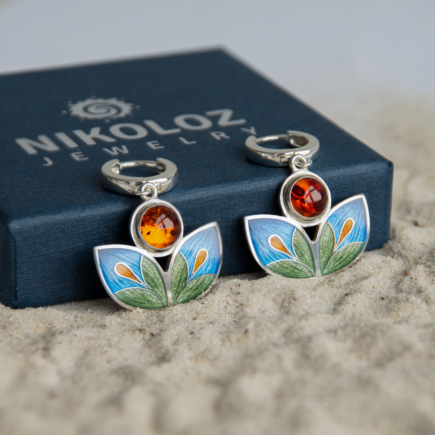Cloisonné Enamel and Baltic Amber Stone Earrings ,"Fern Flower"