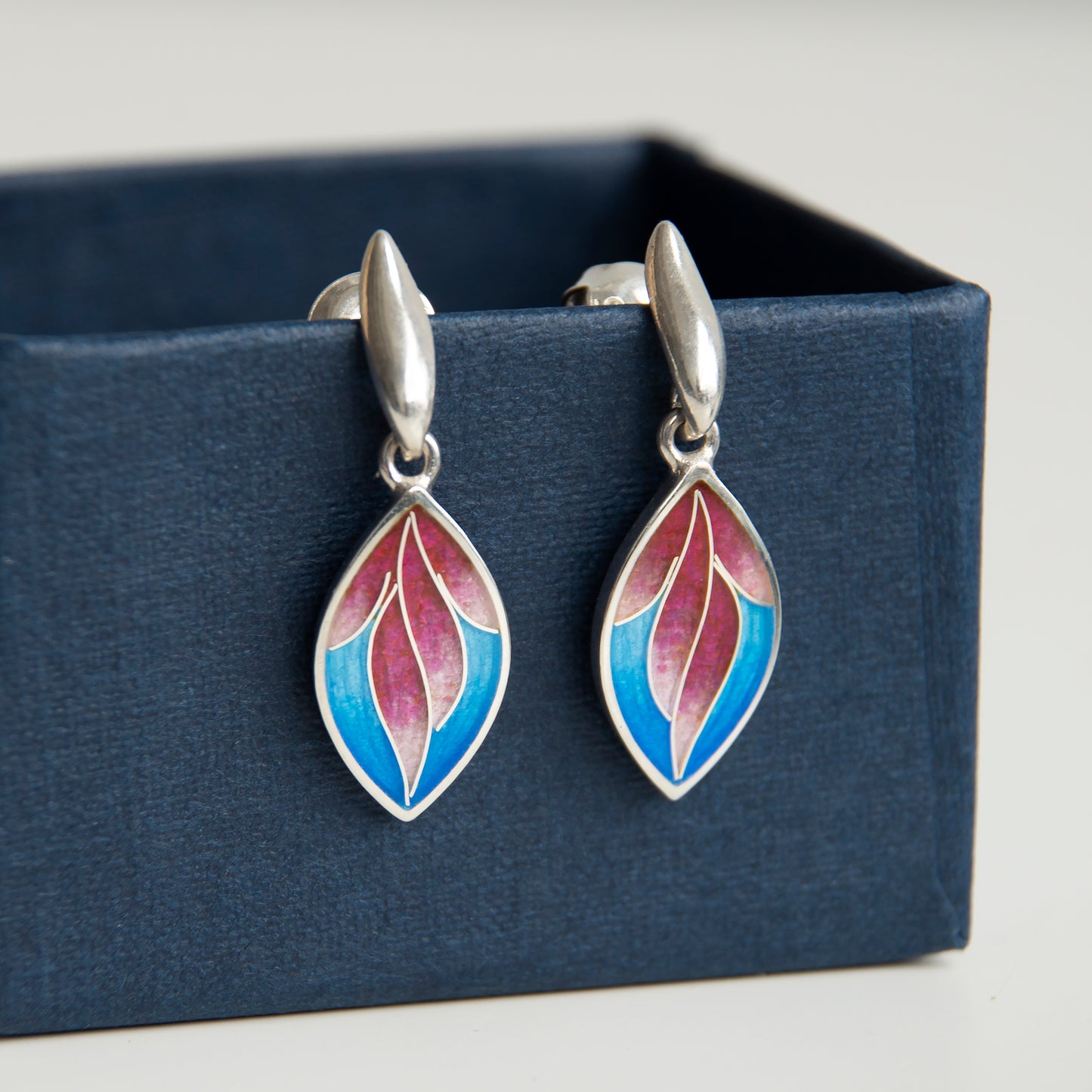 Blue Pink Leaves Cloisonne Enamel Silver Earrings