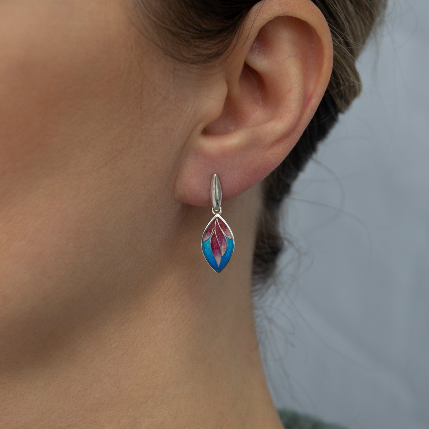 Blue Pink Leaves Cloisonne Enamel Silver Earrings