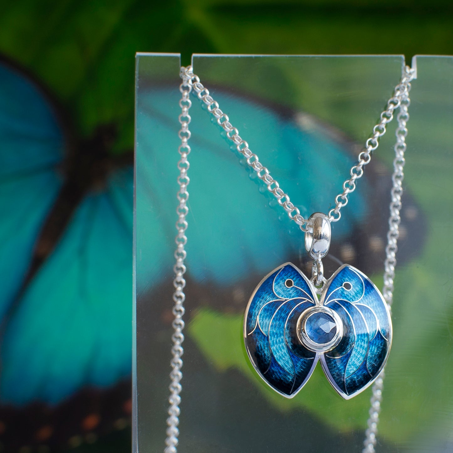 Morpho Butterfly Pendant, Cloisonne Enamel Necklace With Kyanite