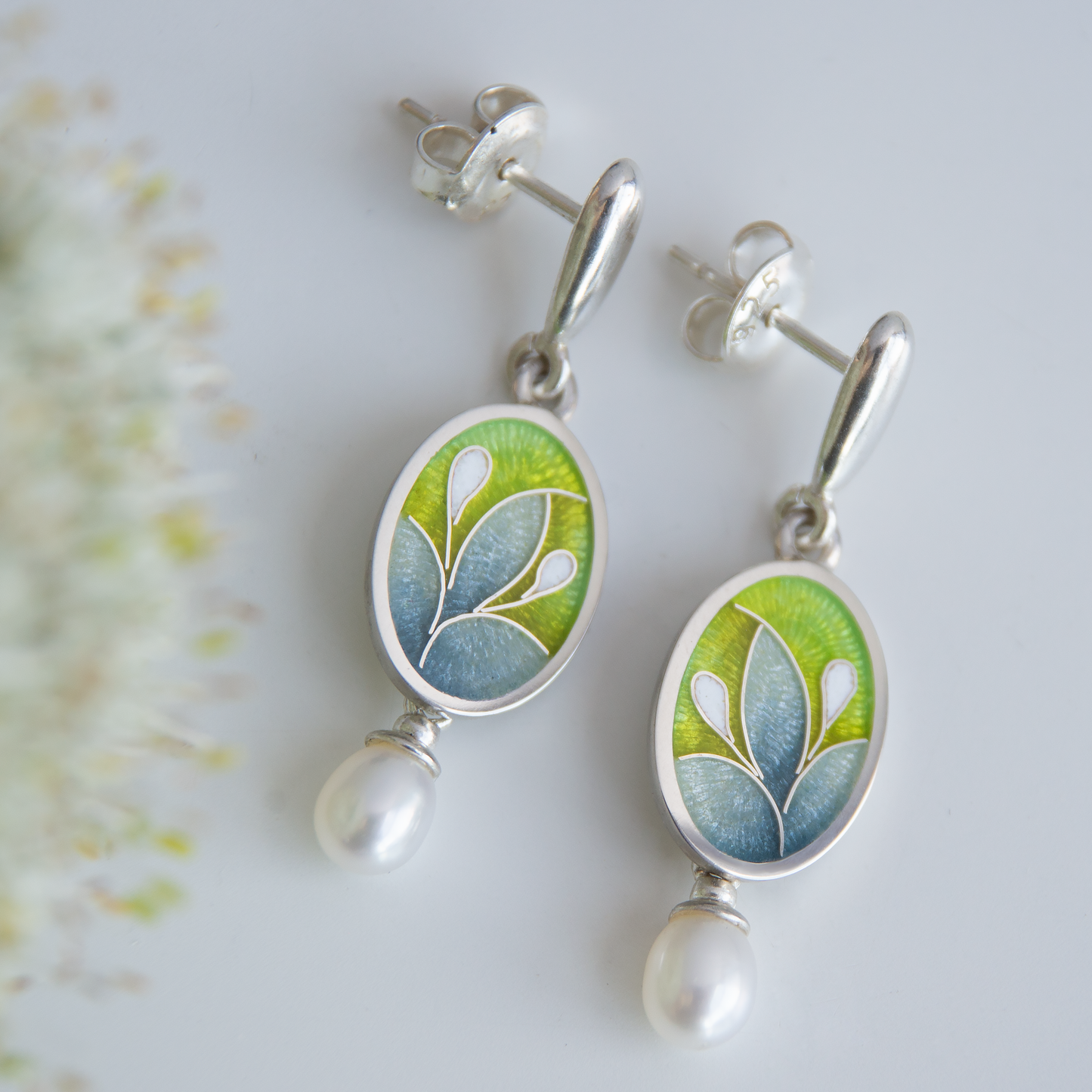 Yellow Flower Oval Cloisonné Enamel Earrings with Natural Freshwater White Pearls