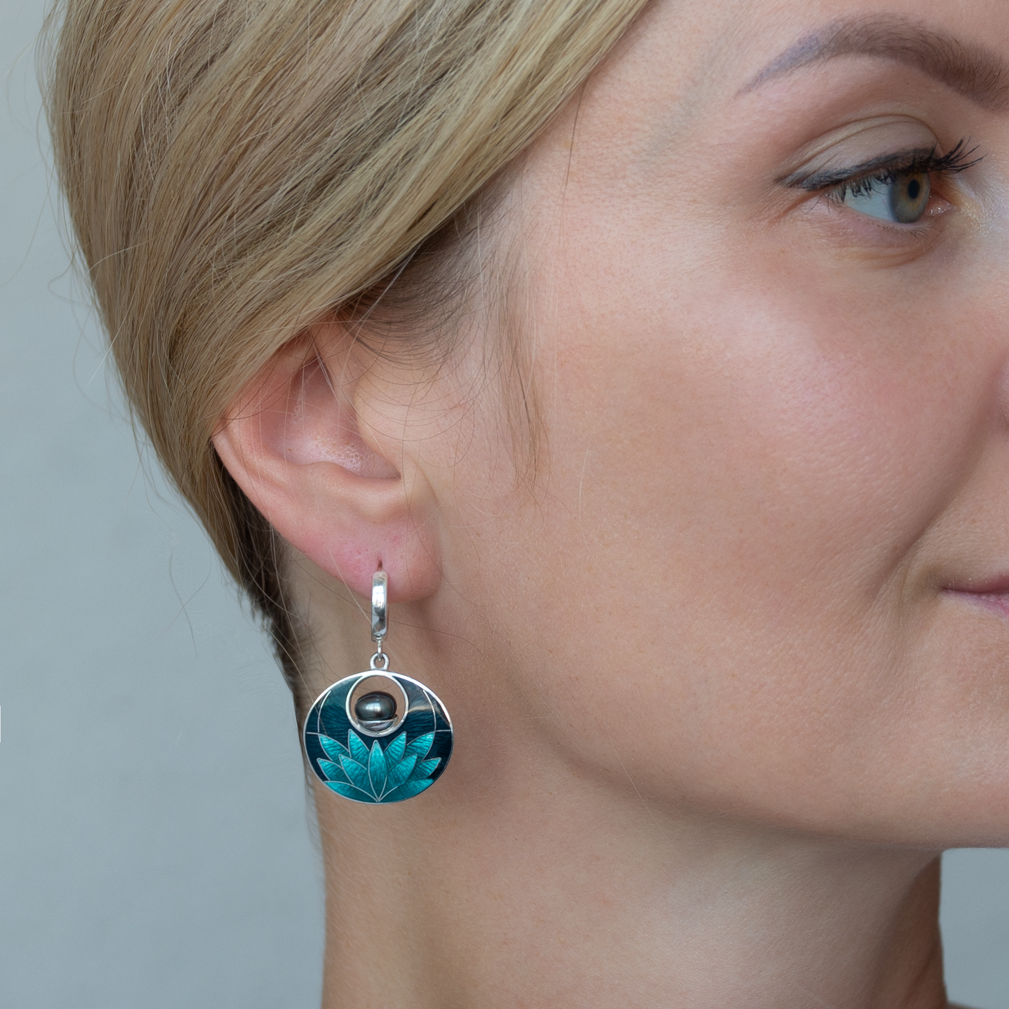 Cloisonné Enamel Black Turquoise Lily Earrings With Peacock Pearls
