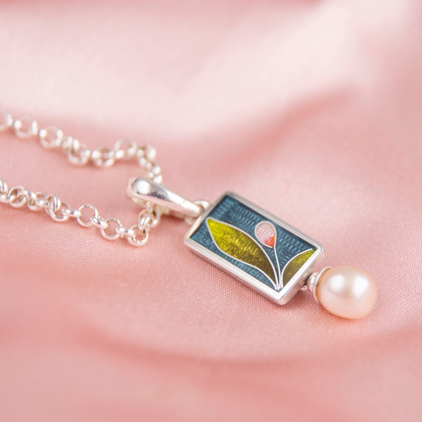 "Tulip" Rectangle Pendant, Cloisonne enamel Necklace With Rose Pearl