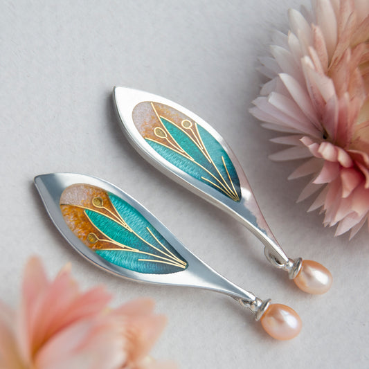 Cloisonne Enamel Earrings With Rose Pearls And 24K Gold Pattern