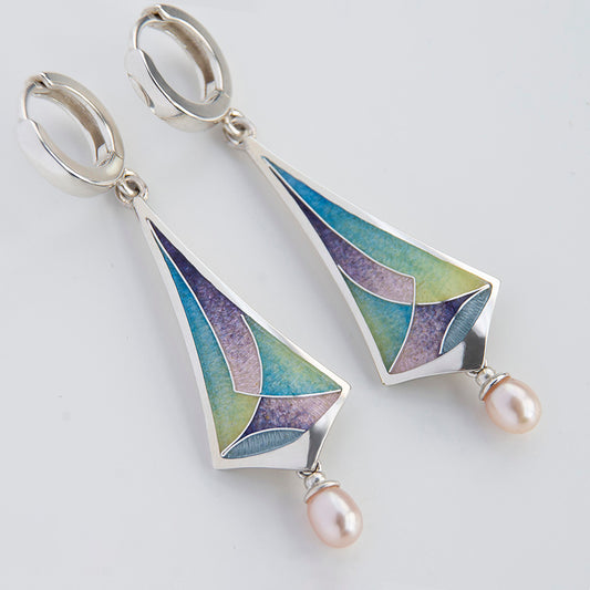 Cloisonné Enamel Drop Earrings Crocus Paradise With Rose Pearls