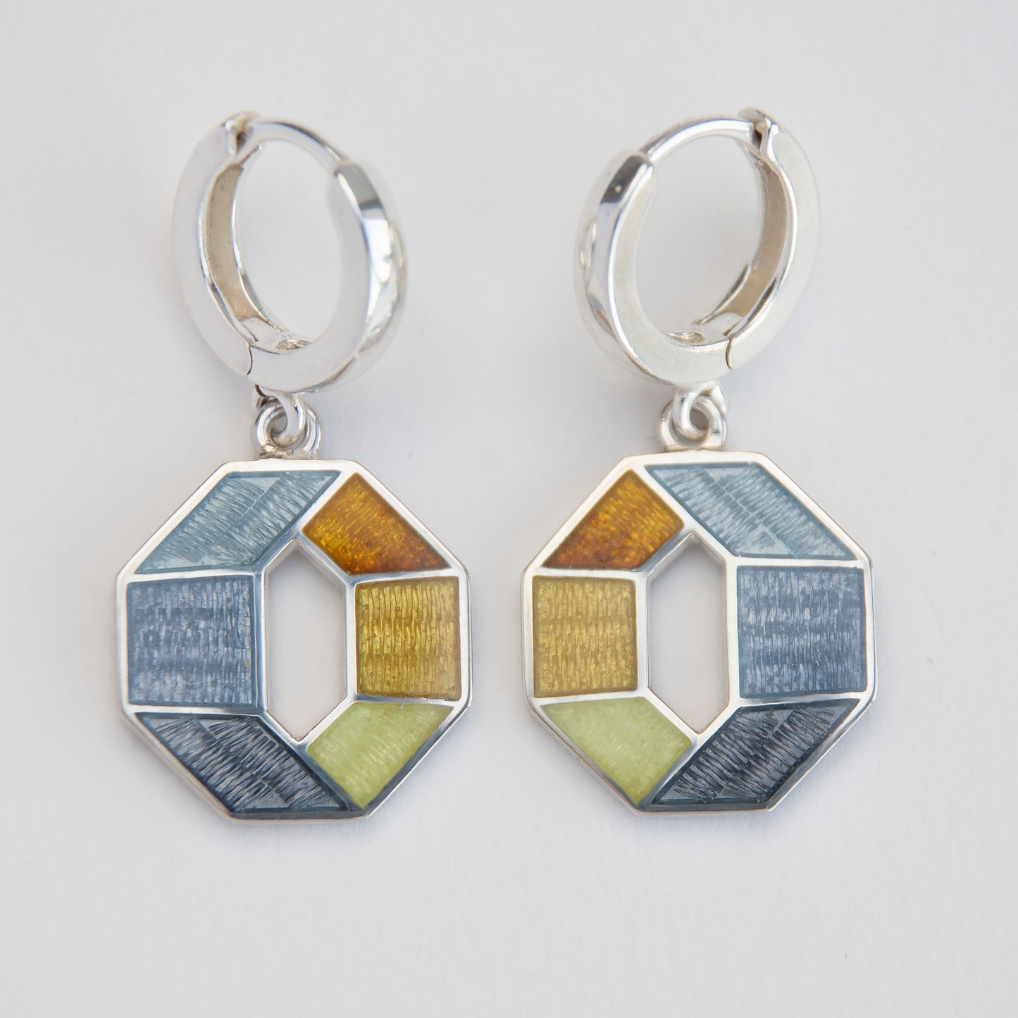 Grey Yellow Octagon Earrings, Cloisonne Enamel And Sterling Silver Earrings