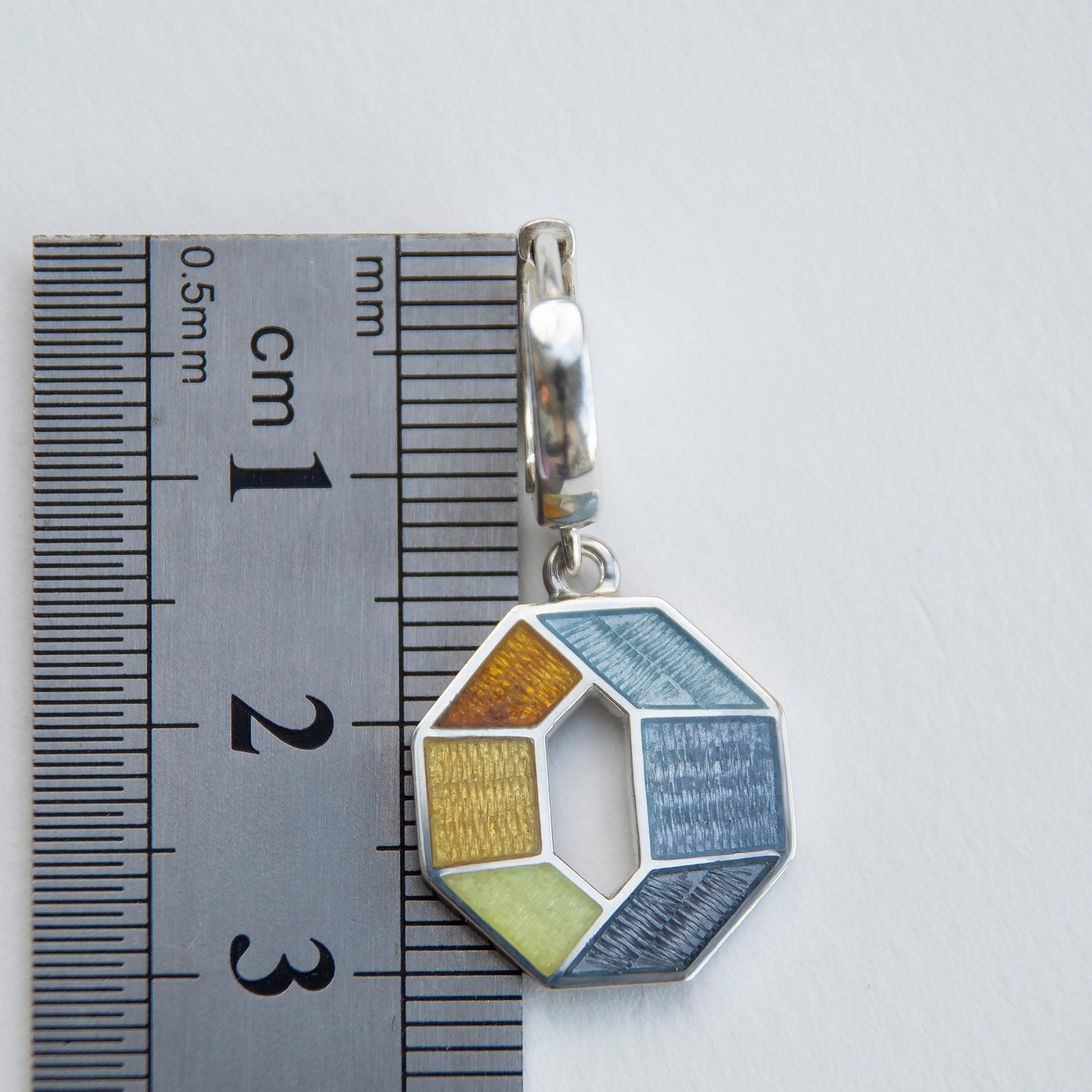 Grey Yellow Octagon Earrings, Cloisonne Enamel And Sterling Silver Earrings