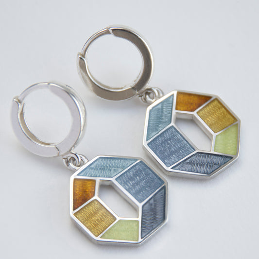Grey Yellow Octagon Earrings, Cloisonne Enamel And Sterling Silver Earrings