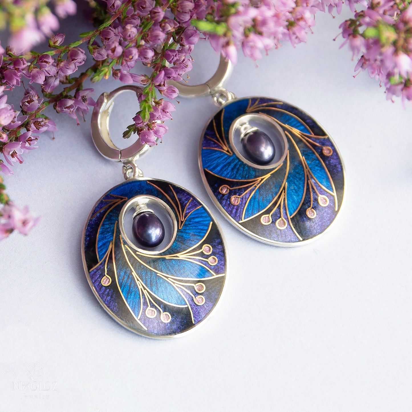 Dark Cloisonné Enamel Earrings With Peacock Pearls