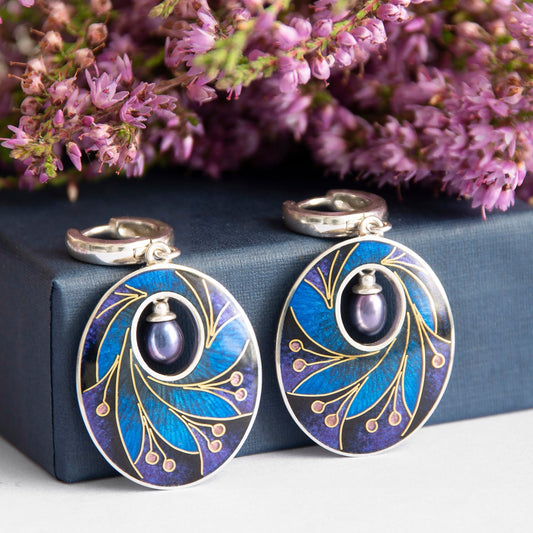 Dark Cloisonné Enamel Earrings With Peacock Pearls