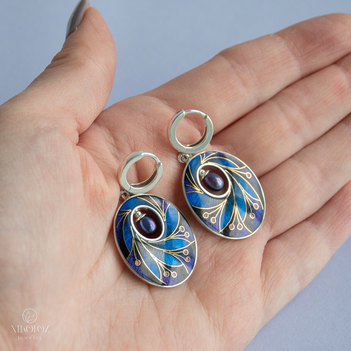 Dark Cloisonné Enamel Earrings With Peacock Pearls
