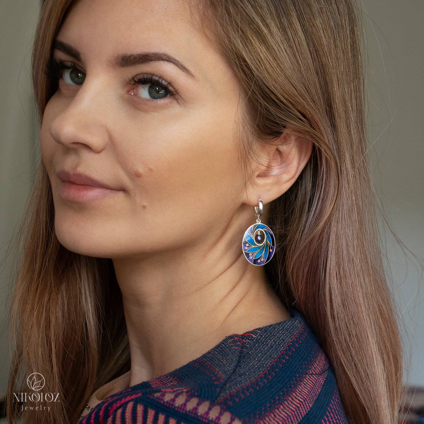Dark Cloisonné Enamel Earrings With Peacock Pearls